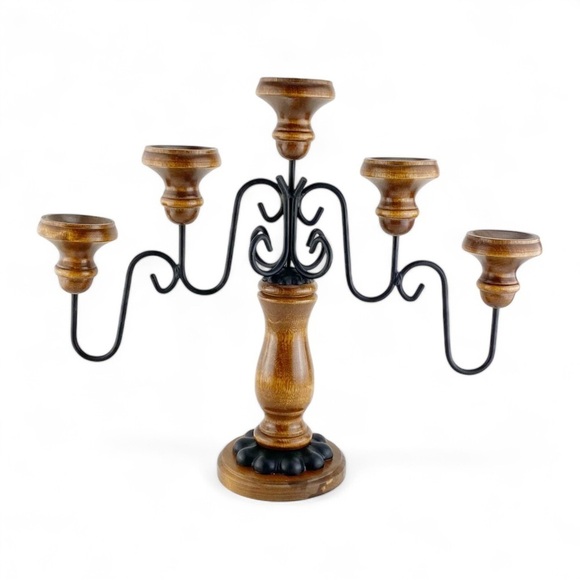 Homco Wrought Iron And Wood 5 Arm Candelabra Taper Candlestick Holders 1970s - Picture 4 of 5
